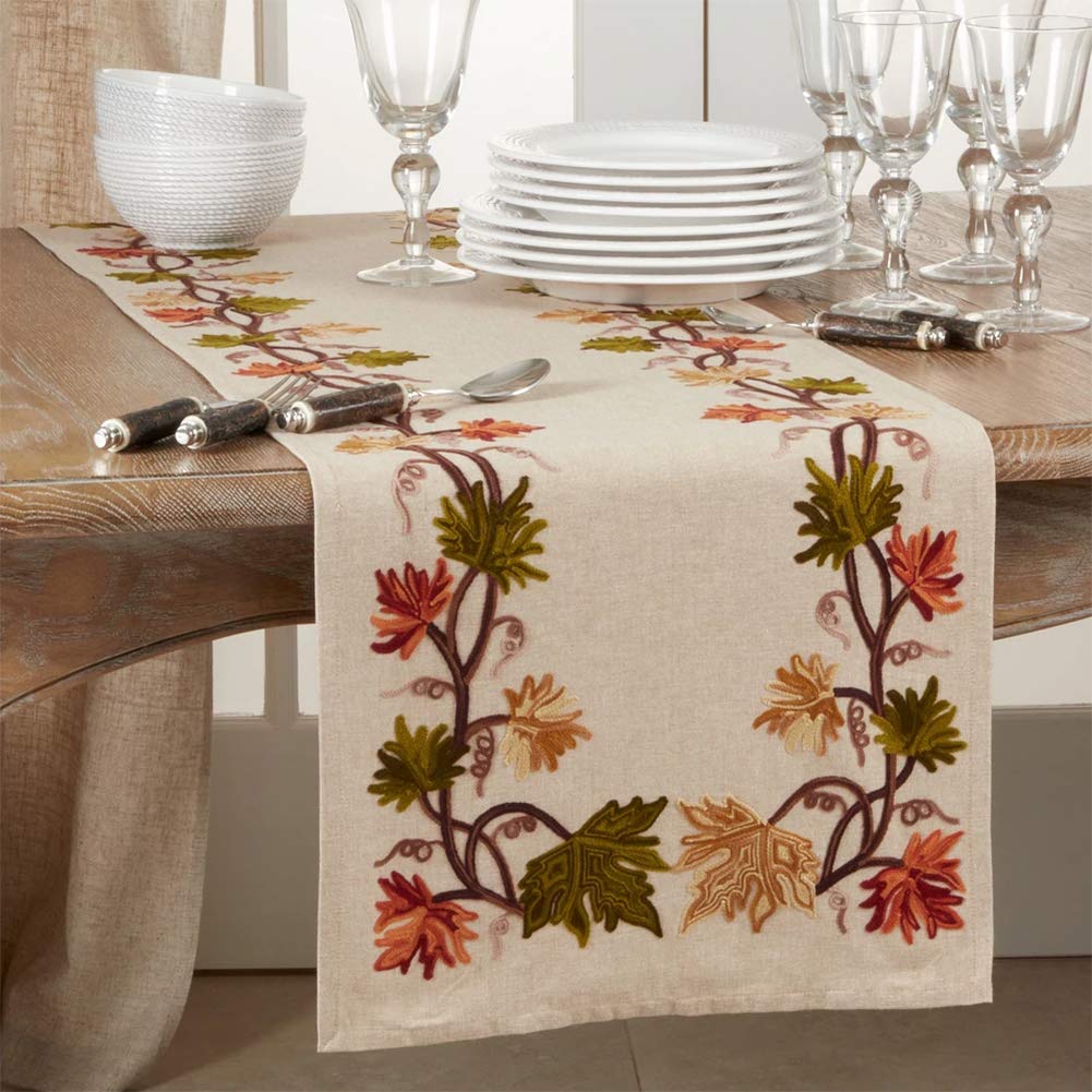 Fennco Styles Fall Leaf Embroidery 100% Cotton Table Runner 16 x 72 Inch – Natural Table Cover for Home Décor, Dining Table, Banquets, Holidays and Special Events