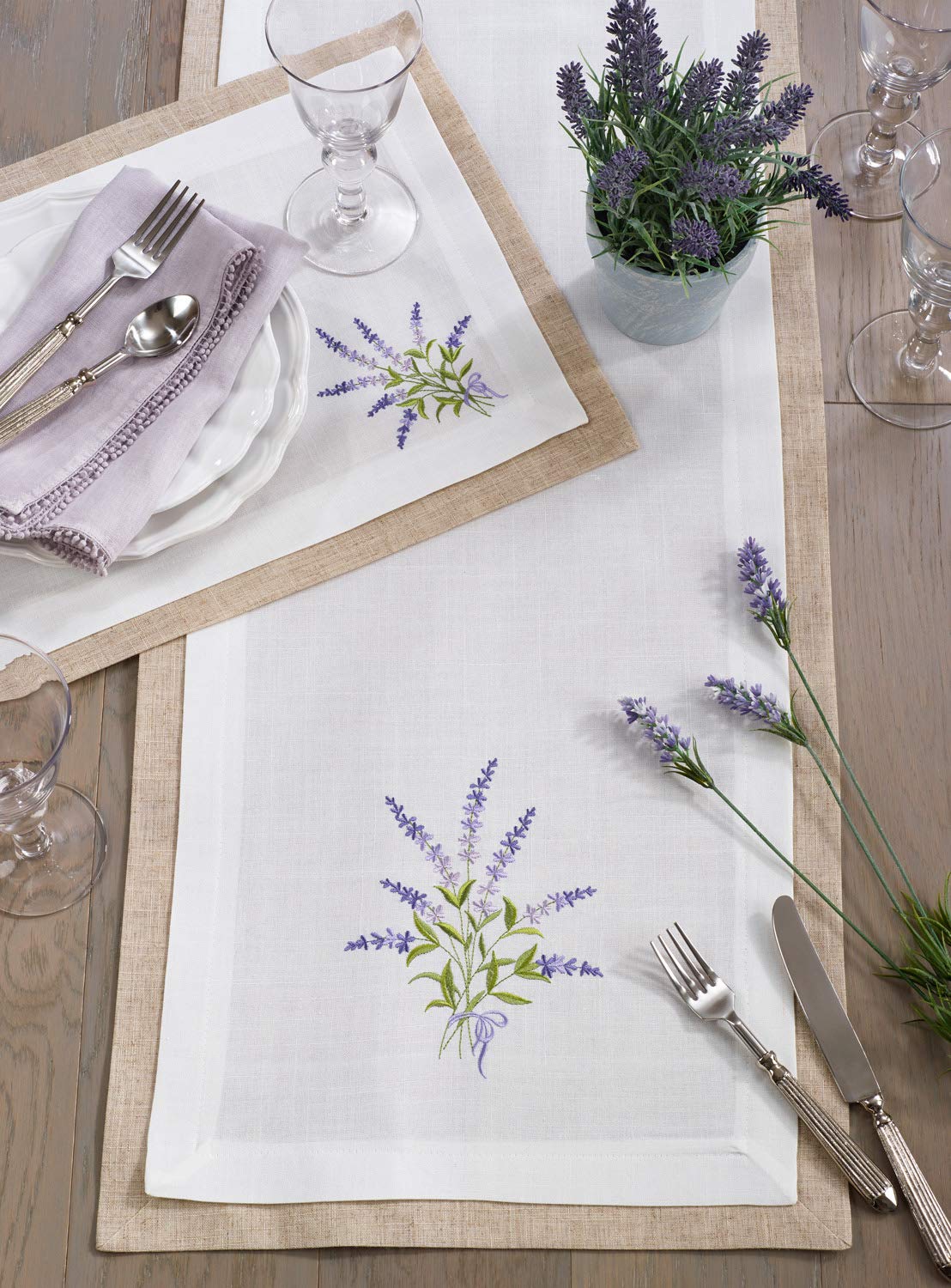 Fennco Styles Lavandula Collection Country Double Layer Lavender Design Linen Blend Table :Linens – Ivory Table Linens for Banquets, Wedding, Special Events and Home Décor