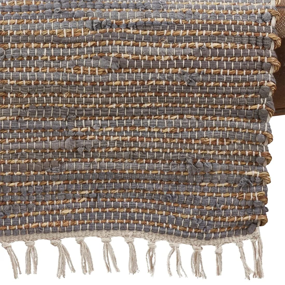 Fennco Styles Chindi Cotton Jute Table Runner with Fringe 16 x 72 Inch - Blue-Grey Table Cover for Home, Dining Room, Banquets, Family Gathering and Special Occasion