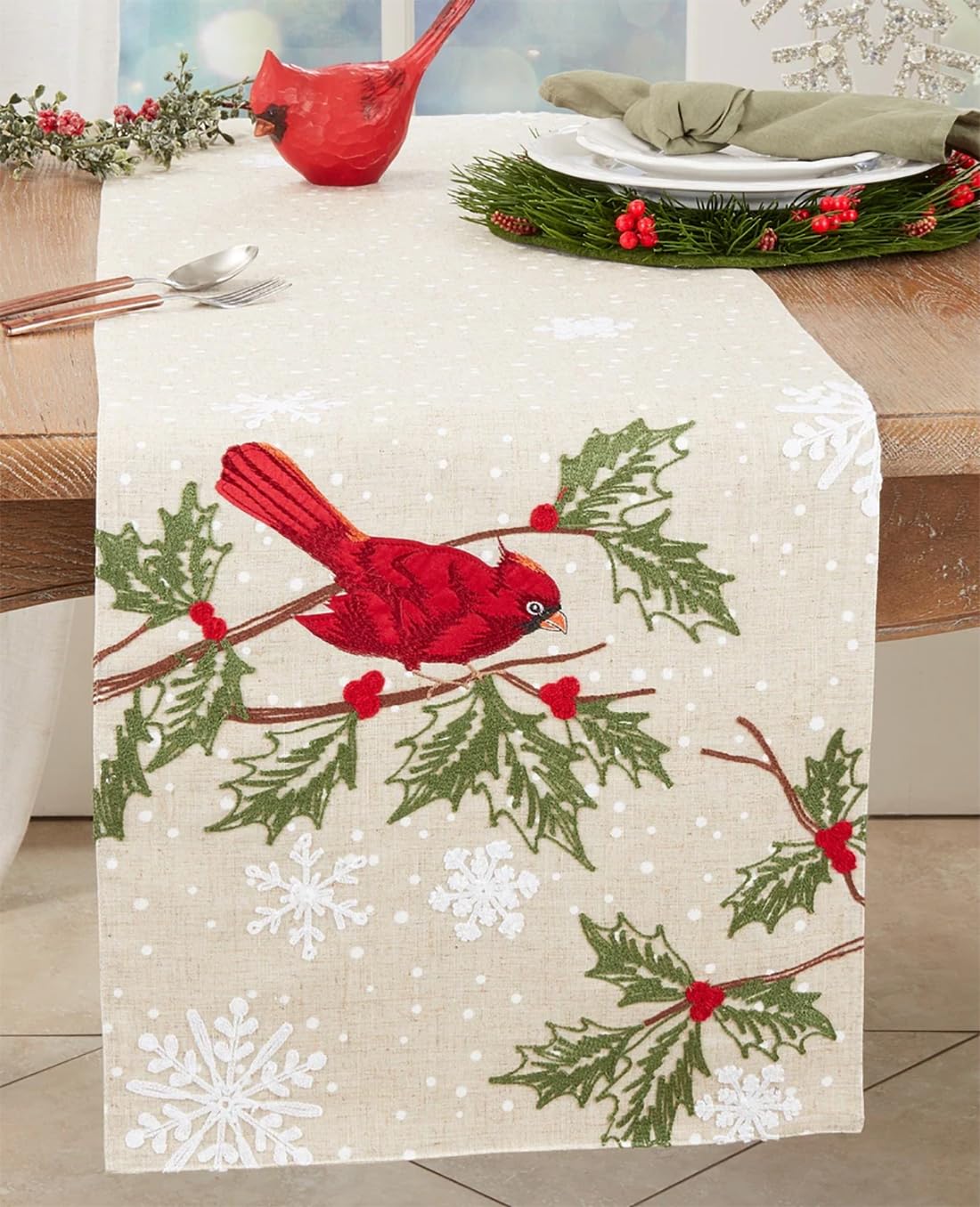 Fennco Styles Perched Cardinal Holiday Table Runner 16" W x 70" L - Natural Christmas Table Cover for Winter Holidays Décor, Dining Table, Banquet, Family Gathering, and Special Occasions