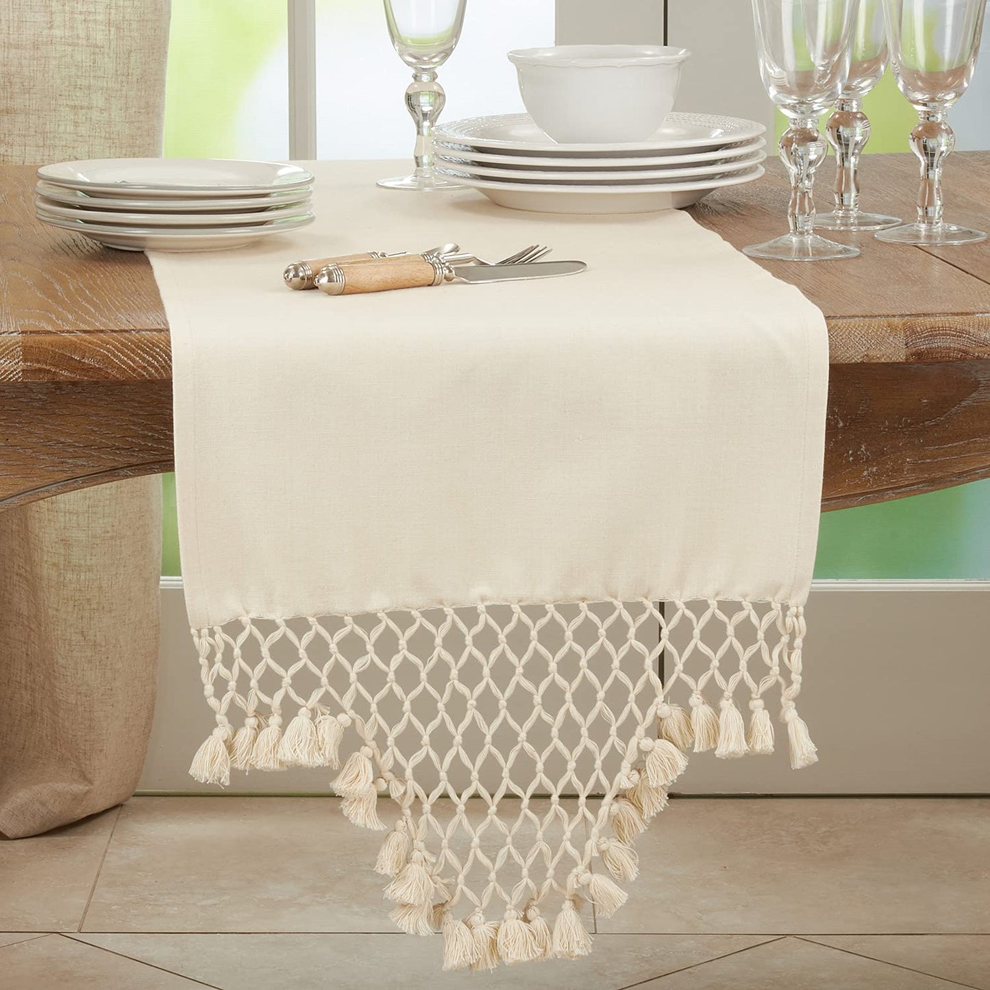 Fennco Styles Handmade Braided Tassels Cotton Table Runner 16" W x 72" L - Grey Table Cover for Home, Dining Table, Banquet, Wedding and Special Occasion