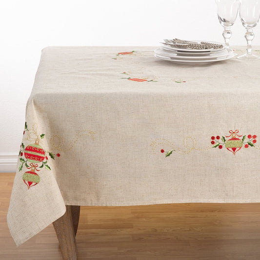 Fennco Styles Embroidered Christmas Tree Design Holiday Linen Blend Tablecloth 67" W x 120" L
