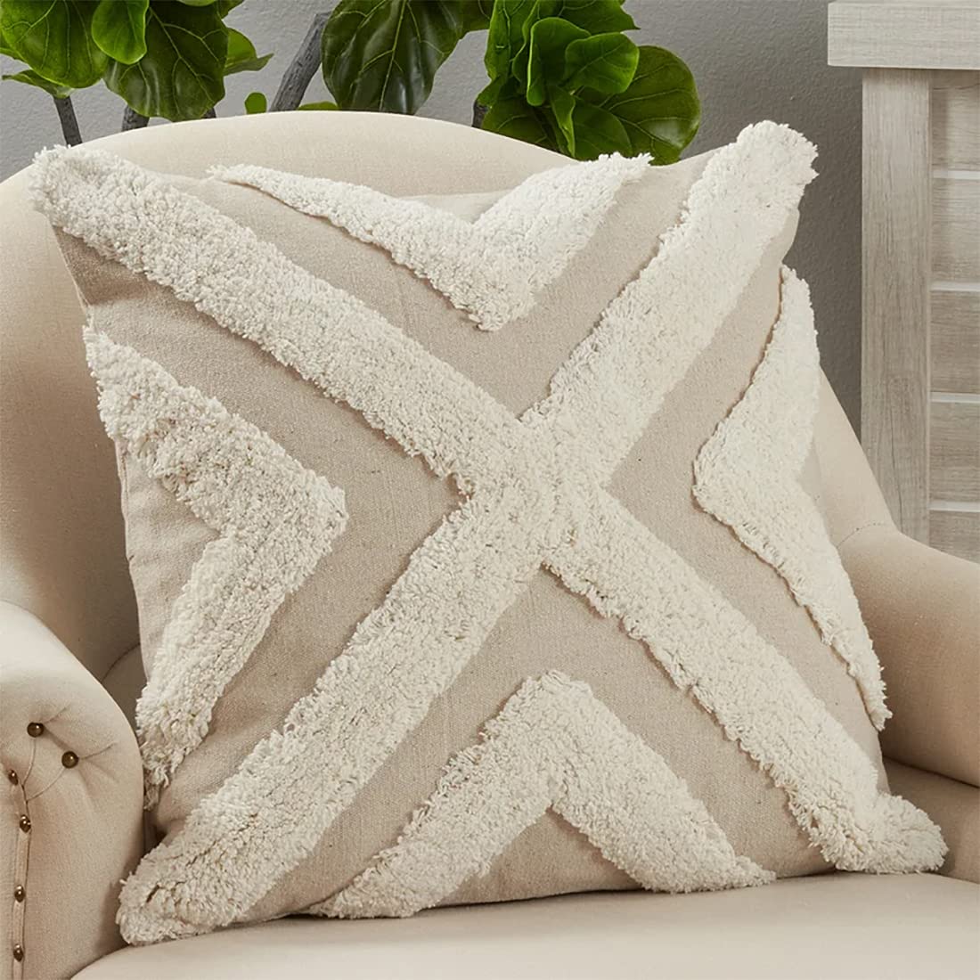 Fennco Styles Tufted Design Cotton Decorative Throw Pillow 20 x 20 Inch - Ivory Textured Cushion for Home, Couch, Living Room and Everyday Décor