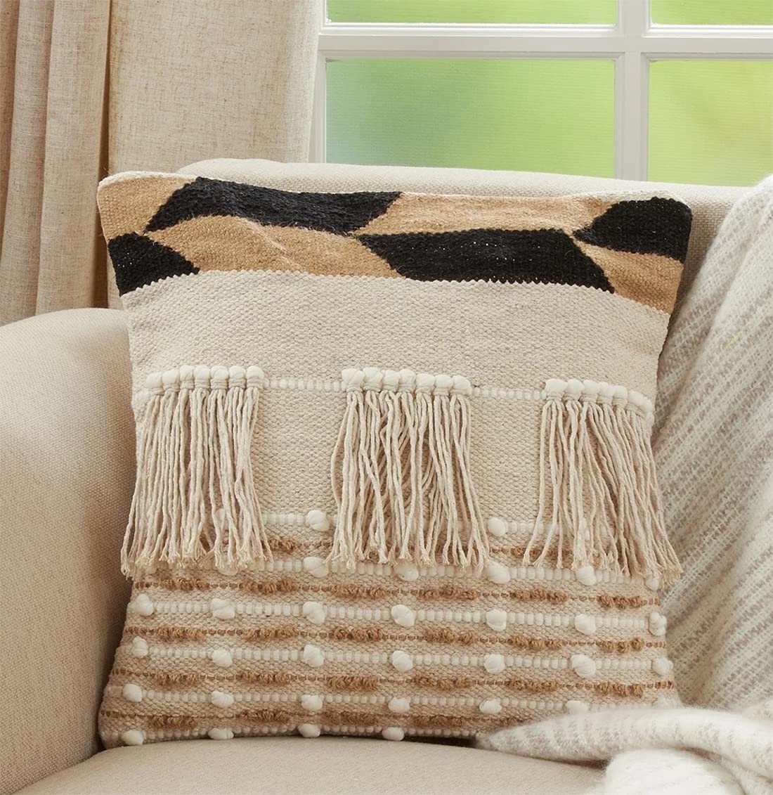 Fennco Styles Fringe Boho Cotton Jute Decorative Throw Pillow Cover 18" W x 18" L - Ivory Woven Square Cushion Case for Home, Couch, Bedroom, Living Room and Office Décor