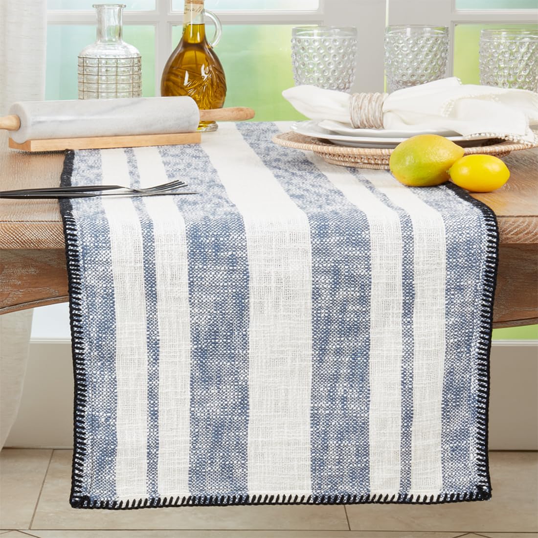 Fennco Styles Striped Design Whipstitch Table Runner 16" W x 72" L - Navy Blue Cotton Table Cover for Home, Dining Table, Banquets, Family Gatherings, Everyday Use and Special Occasions