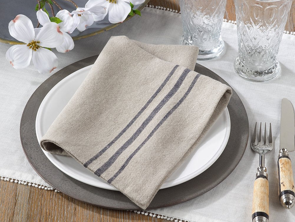 Fennco Styles Ferme Maison Collection Causal Black Striped 100% Pure Linen Table Linens - Natural Table Linens for BBQ Party, Banquets, Farmhouse Events and Home Décor