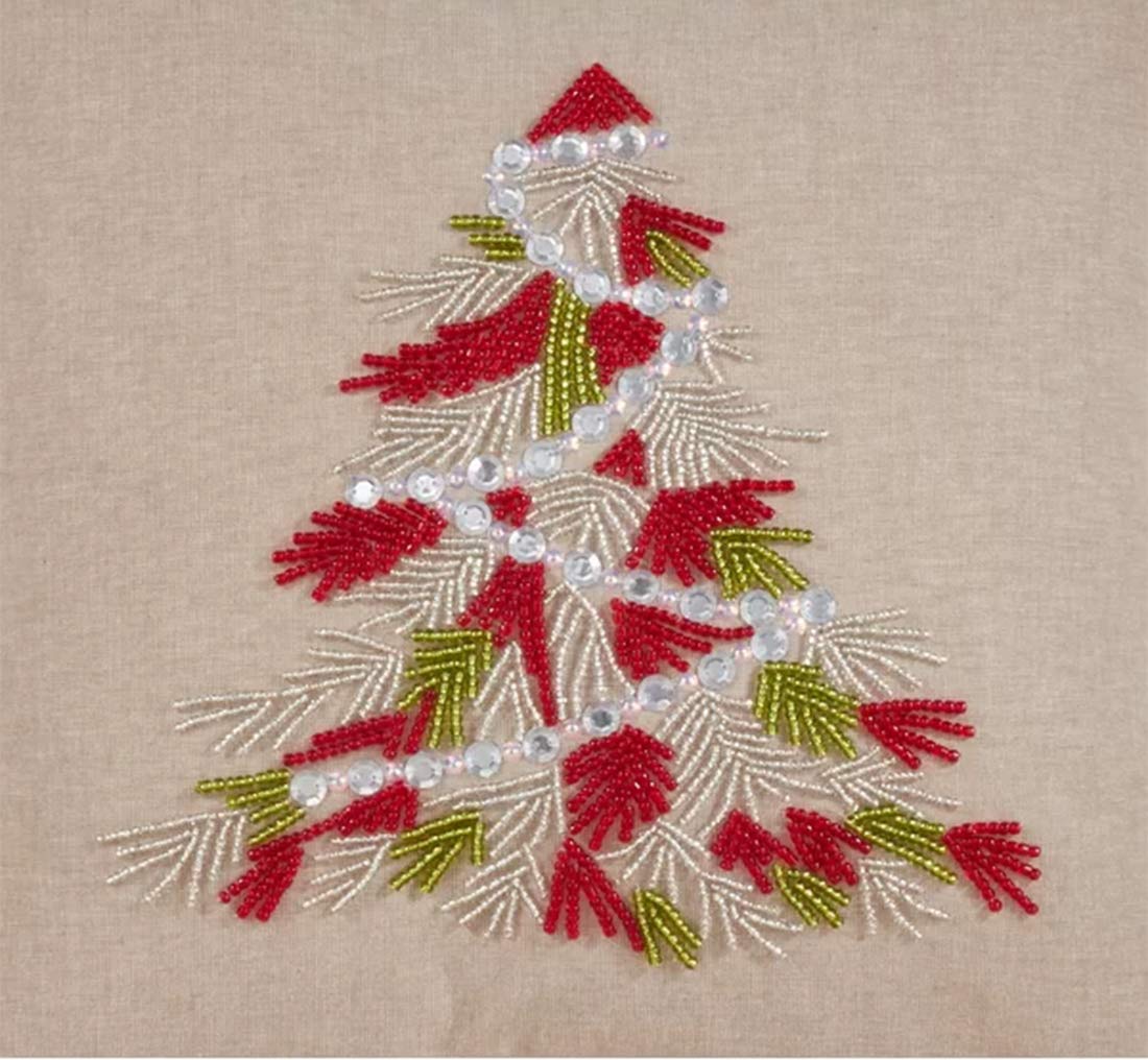 Fennco Styles Beaded Christmas Tree Cotton Table Runner 16 x 72 Inch - Natural Table Cover for Holiday Décor, Everyday Use, Banquets and Special Events