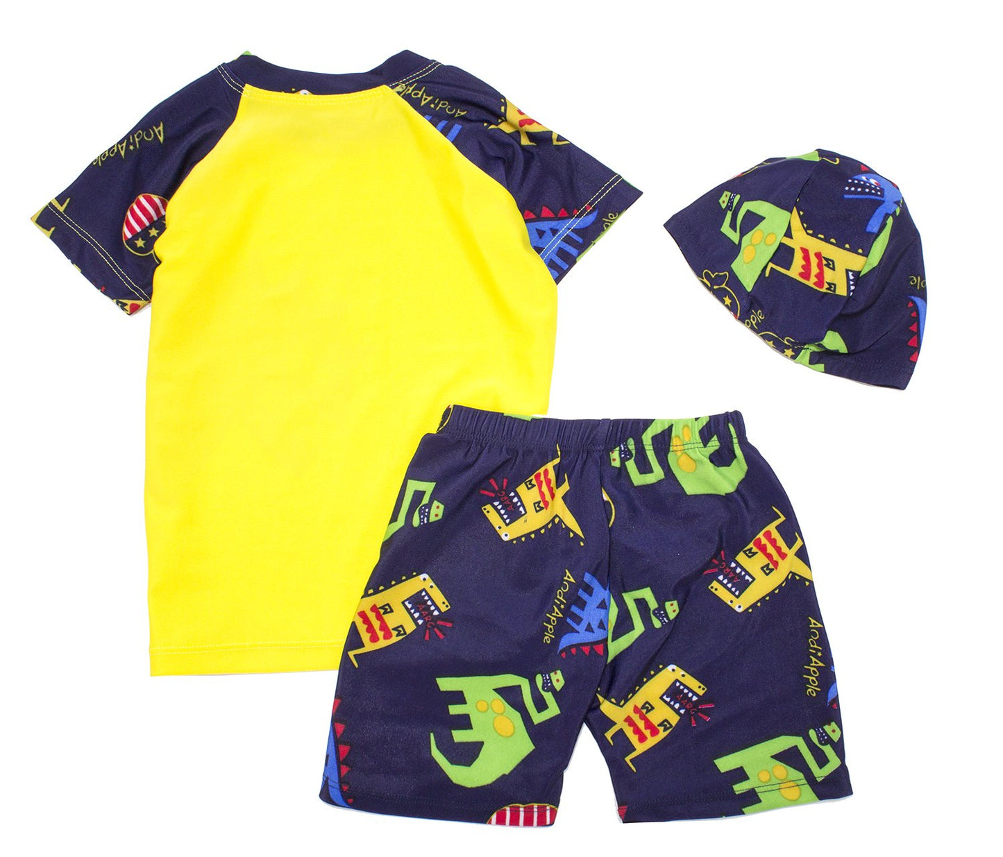 stylesilove Kids Boy Cartoon Dinosaur Shark Rashguard Top & Swim Shorts with Hat 3 pcs Set