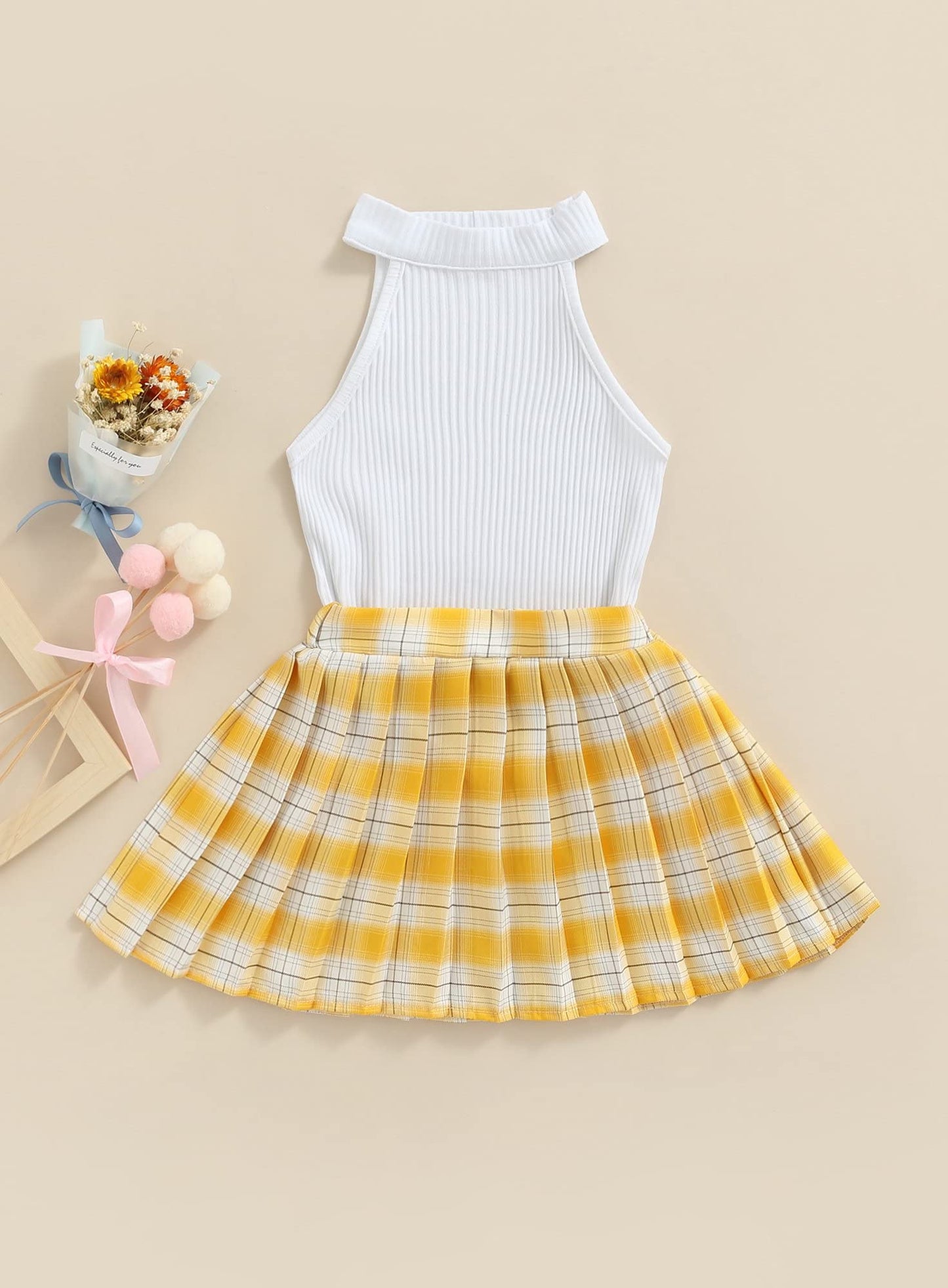 stylesilove Toddler Little Girls Solid Ribbed Tank Top & Plaid Mini Pleated Skirt 2pcs Summer Casual Dress Outfit
