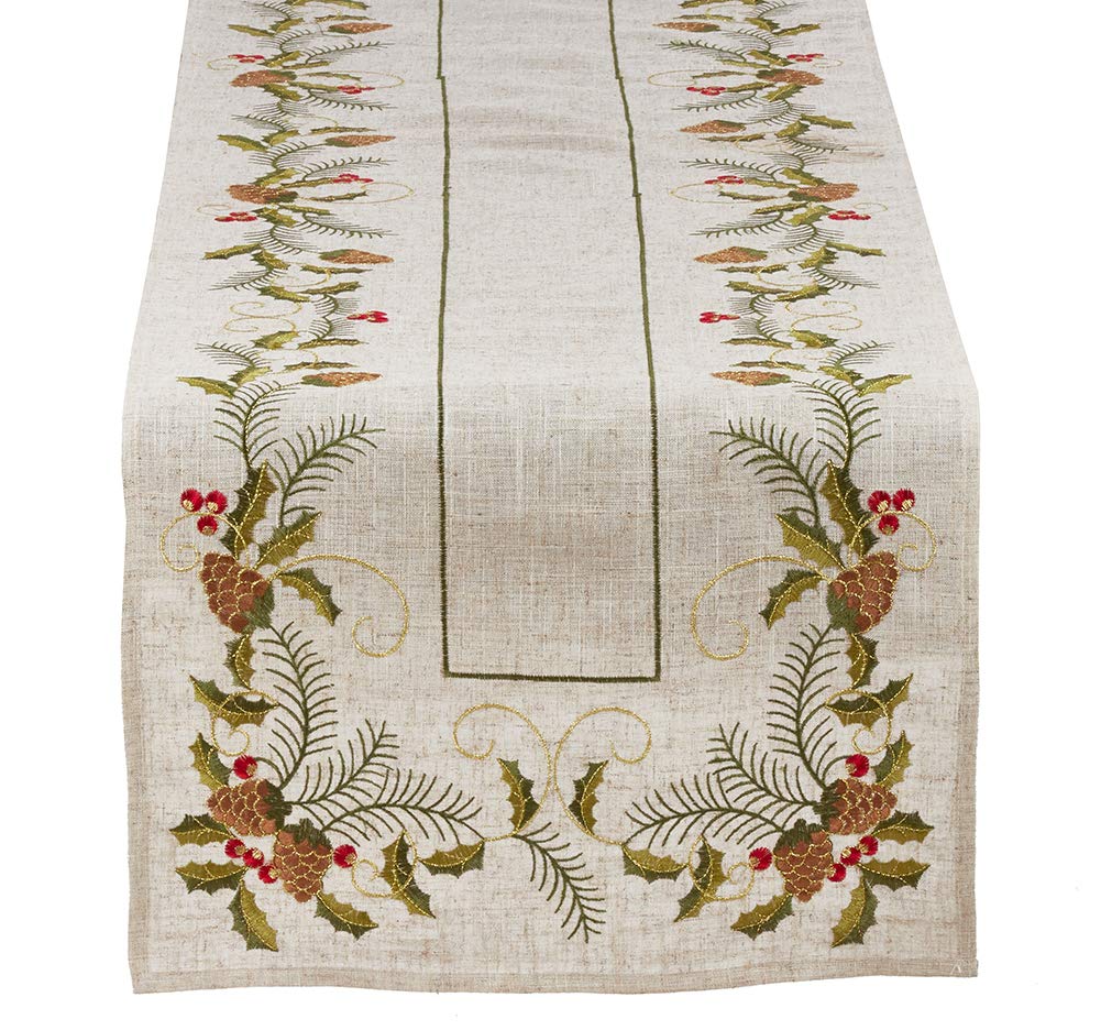 Fennco Styles Holiday Embroidered Pinecone and Holly Poly-Linen Natural Tablecloth