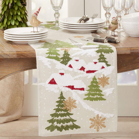 Fennco Styles Embroidered Christmas Village Table Runner 16" W x 70" L - Natural Festive Table Cover for Christmas Décor, Home, Banquet, Family Gathering, Holiday and Special Occasion