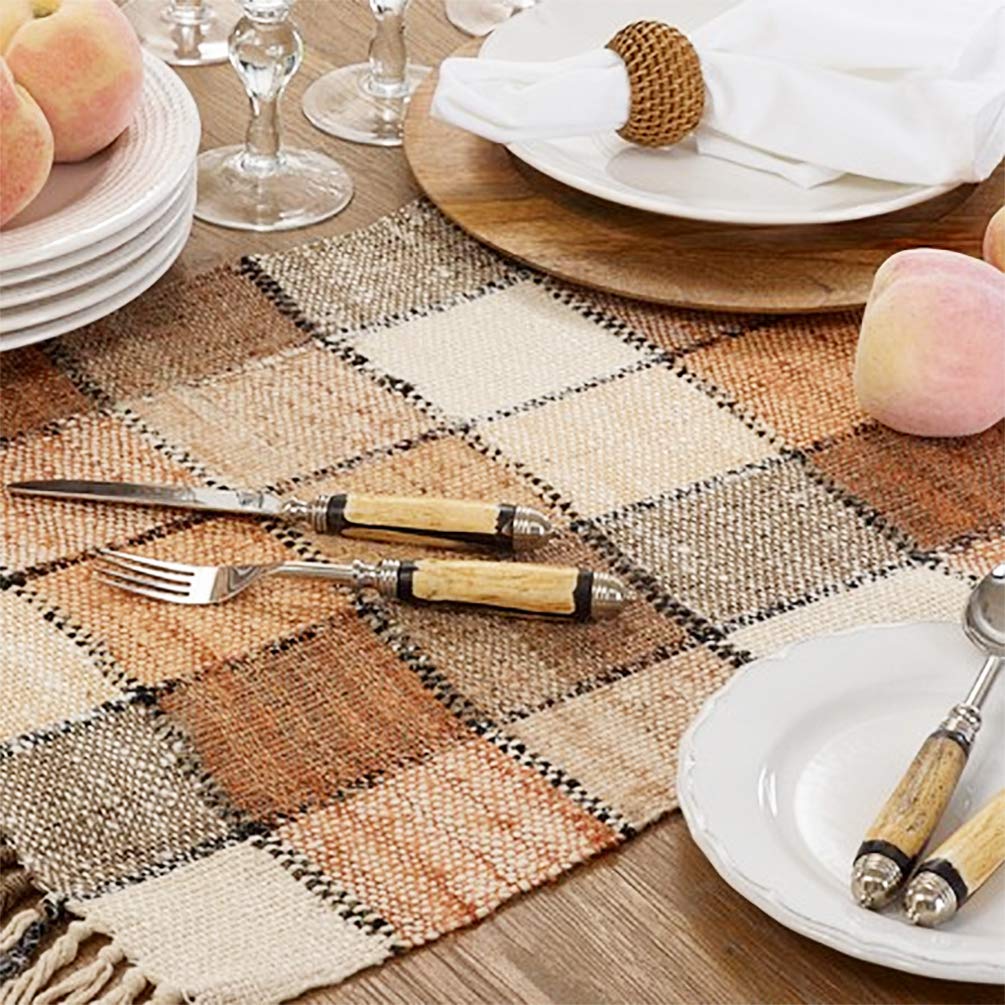 Fennco Styles Country Woven Checkered Fringe Cotton Table Runner 16" W x 72" L – Natural Rustic Table Cover for Dining Table, Banquets, Family Gathering, Farmhouse Events and Home Décor