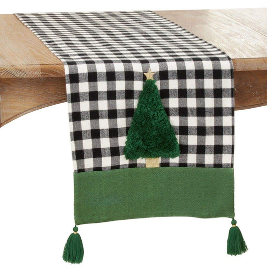 Fennco Styles Classic Buffalo Plaid Holiday Tree with Tassel Table Runner 16" W x 72" L - Green Festive Table Cover for Christmas Décor, Dining Table, Banquet, Family Gathering and Special Occasion