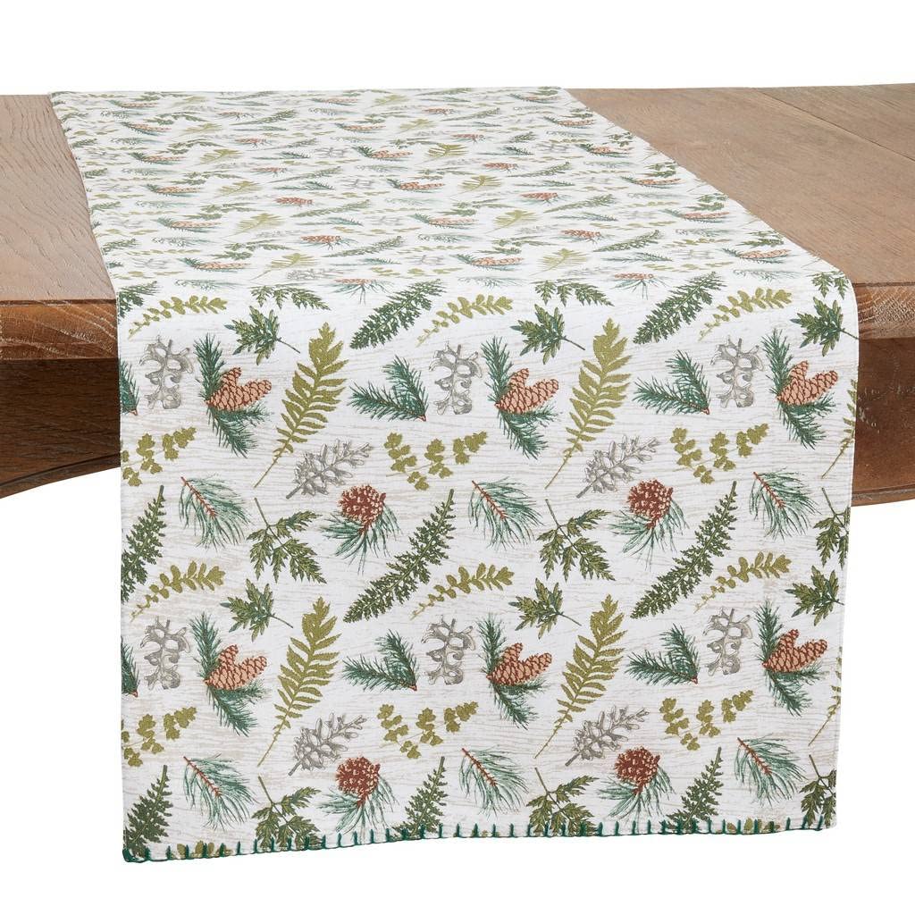 Fennco Styles Forest Foliage & Pine Design Cotton Table Runner 16" W x 72" L - Green Winter Holiday Table Cover for Dining Room, Christmas Décor, Banquets and Special Events