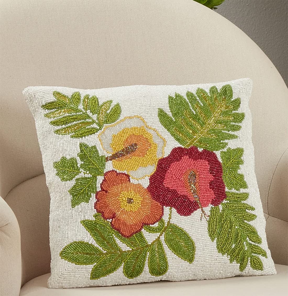 Fennco Styles Hand Beaded Garden Flowers Cotton Throw Pillow 16" W x 16" L - Multicolored Floral Cushion for Home, Couch, Living Room, Seasonal Décor, Special Occasion