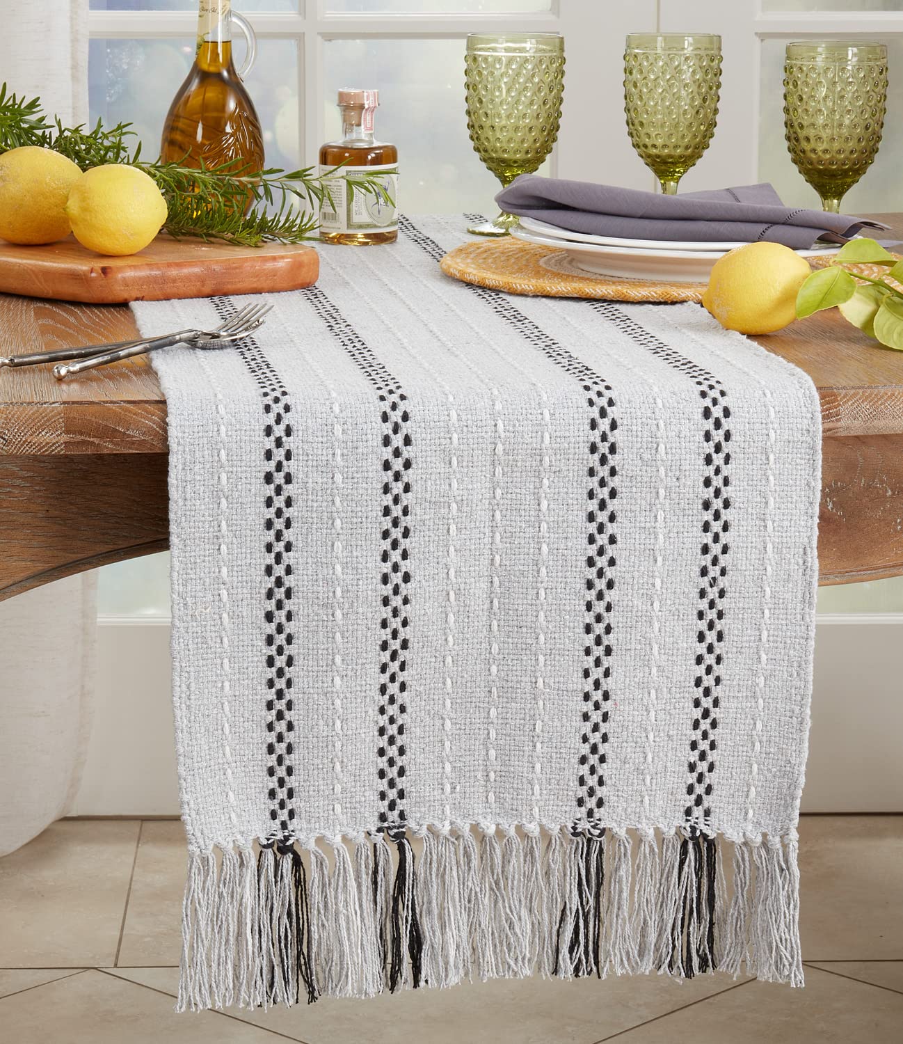 Fennco Styles Stitched Stripe Tassel Cotton Table Runner 16" W X 72" L - Grey Woven Table Cover for Home, Dining Table, Banquets, Thanksgiving, Christmas, Holidays and Special Occasion