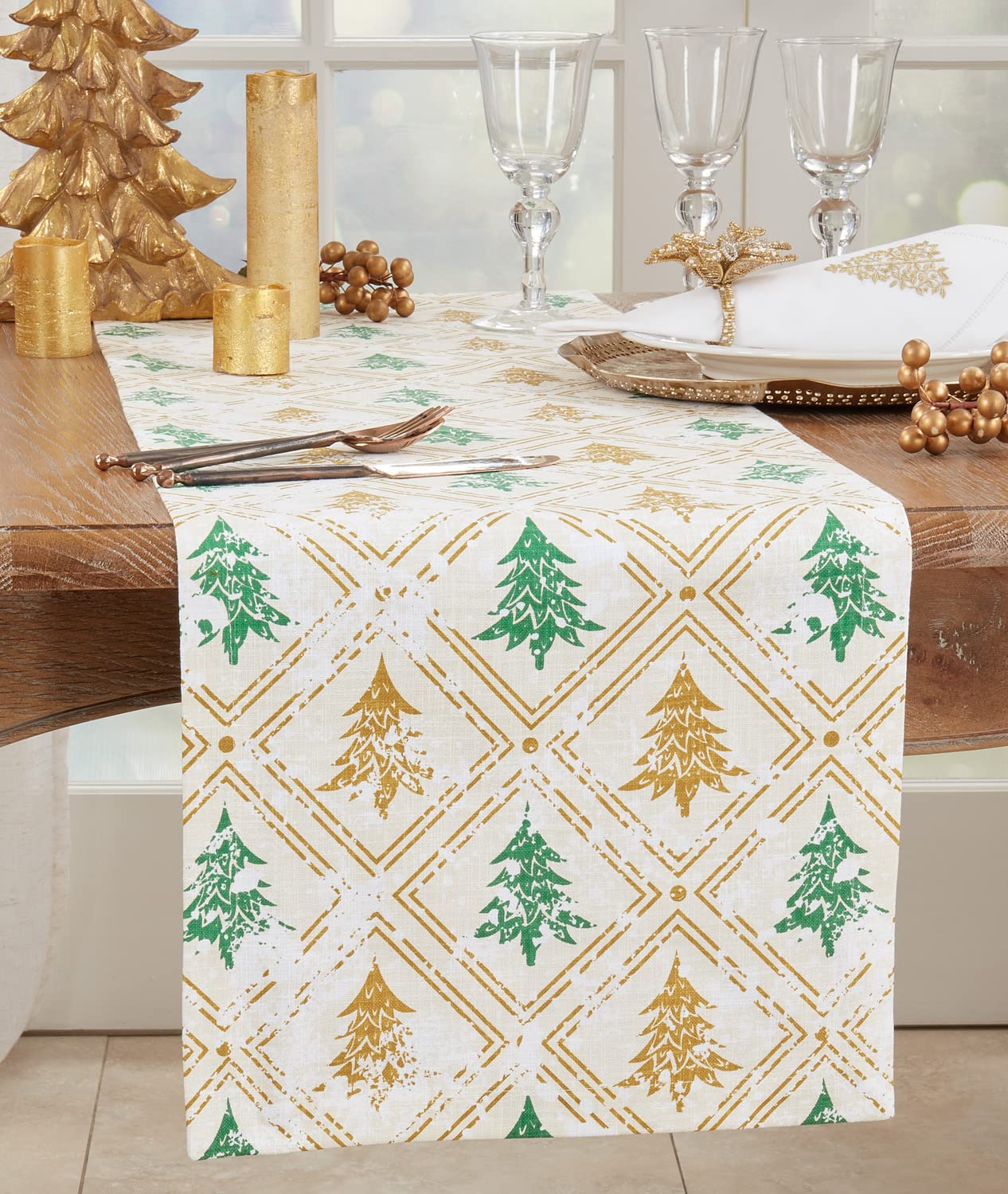 Fennco Styles Christmas Trees Cotton Table Runner 14" W x 72" L - Gold & Green Winter Tree Table Cover for Home, Dining Room, Holiday Décor, Banquets and Special Events