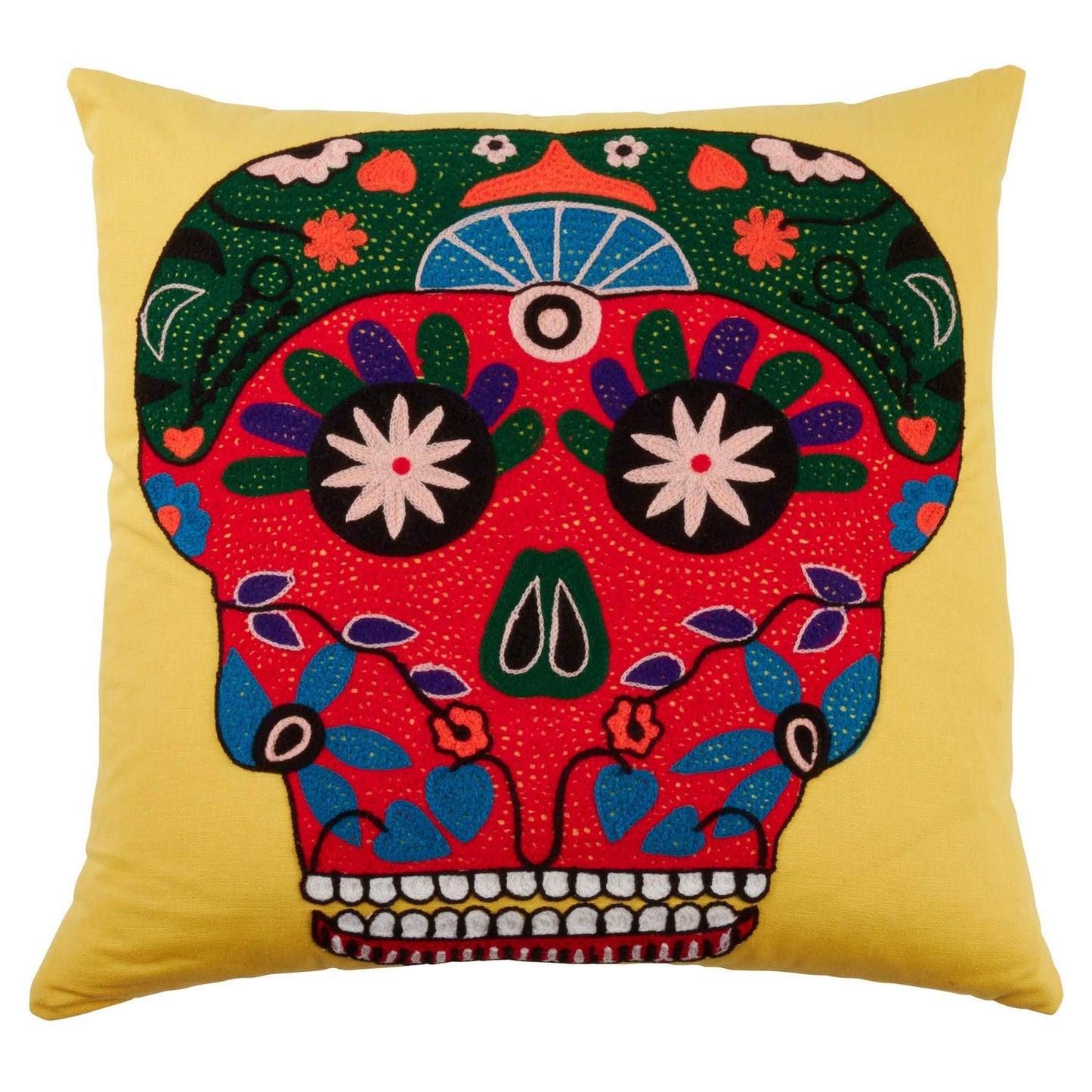 Fennco Styles Día de Los Muertos Collection Gigantic Sugar Skull Embroidered 18 x 18 Inch Throw Pillow Cover – Yellow Throw Pillow Case for Couch, Bedroom and Living Room Décor