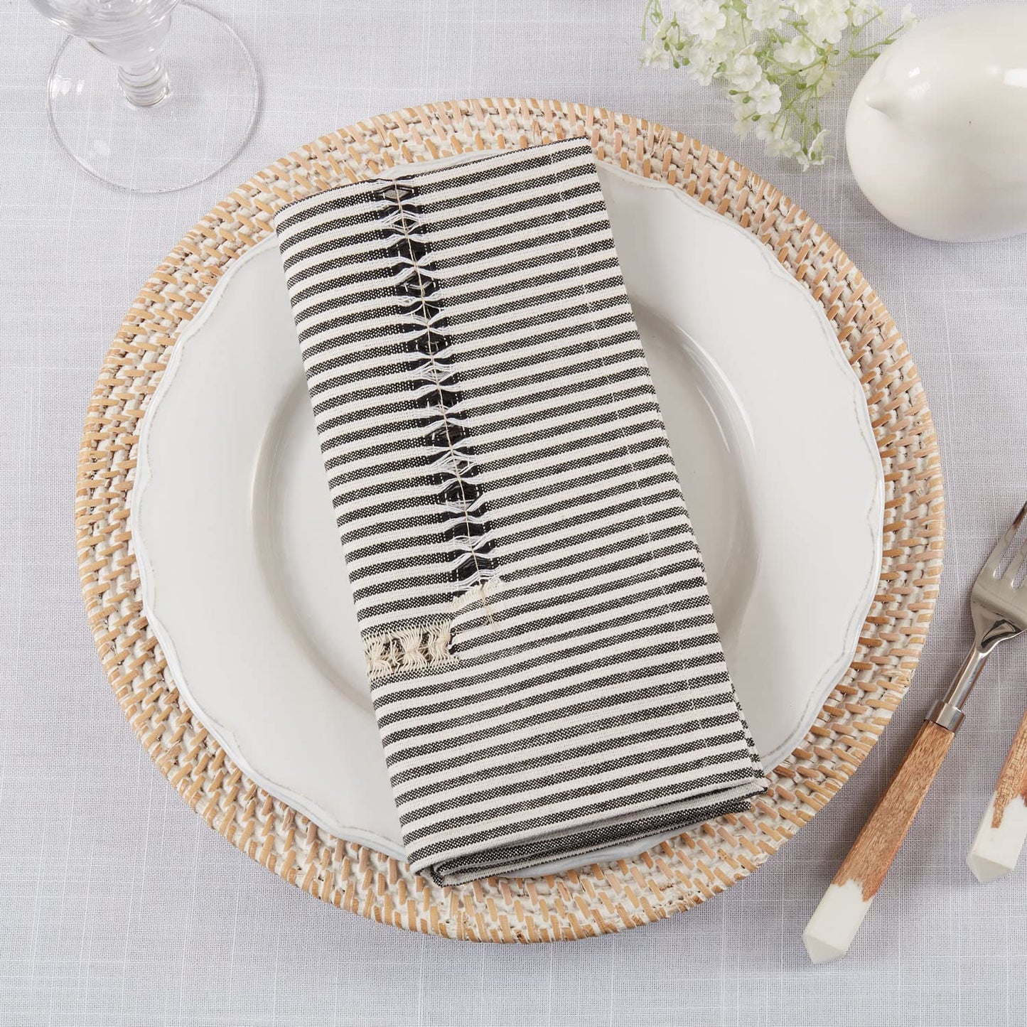 Fennco Styles Modern Stripe Design Hemstitch Cotton Table Runner 16" W x 54" L - Black & White Woven Table Cover for Home Décor, Dining Table, Banquet, Family Gathering and Special Occasion