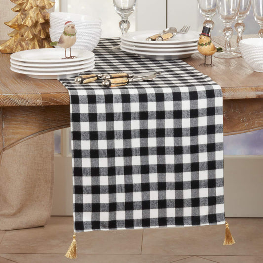 Fennco Styles Classic Buffalo Plaid with Tassel Table Runner 16" W x 72" L - Black & White Festive Table Cover for Christmas Décor, Home, Banquet, Family Gathering, Holiday and Special Occasion