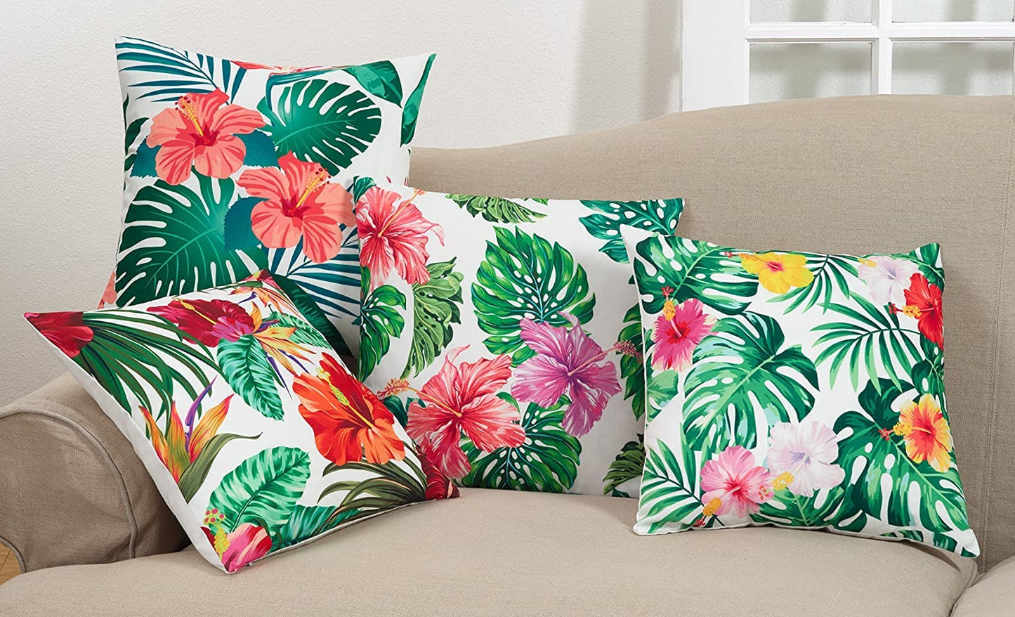 Fennco Styles Monstera Hibiscus Poly Filled Decorative Throw Pillow 18" W x 18" L - Multicolored Tropical Cushion for Home, Indoor Outdoor, Living Room, Couch, Bedroom and Office Décor