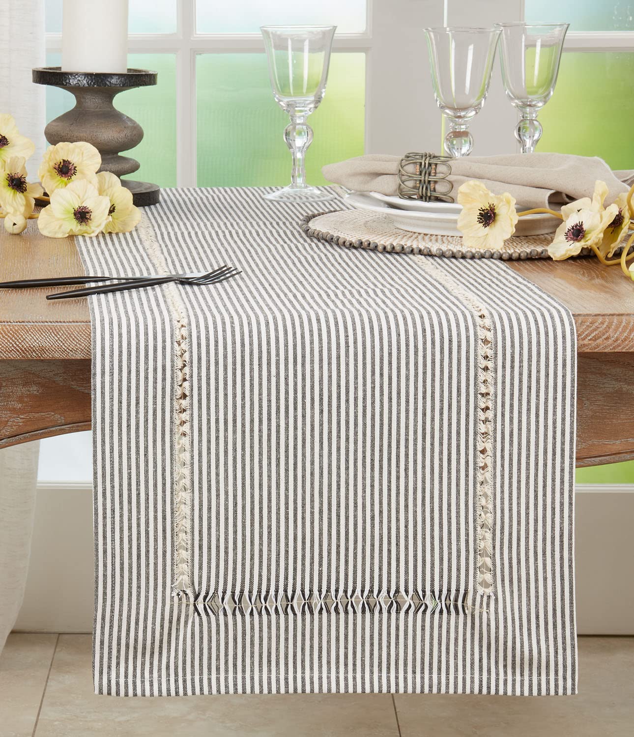 Fennco Styles Modern Stripe Design Hemstitch Cotton Table Runner 16" W x 54" L - Black & White Woven Table Cover for Home Décor, Dining Table, Banquet, Family Gathering and Special Occasion