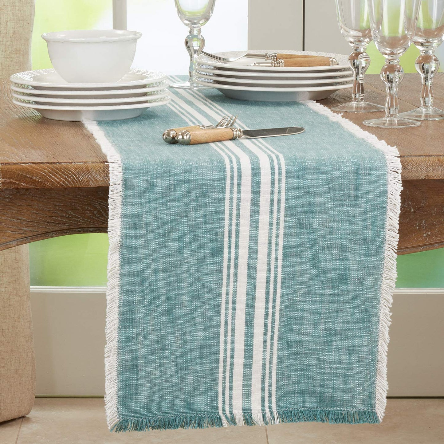 Fennco Styles Contemporary Striped Fringe Cotton Table Runner 13" W x 72" L - Blue Table Cover for Home, Dining Table Décor, Family Gathering, Banquets and Special Events