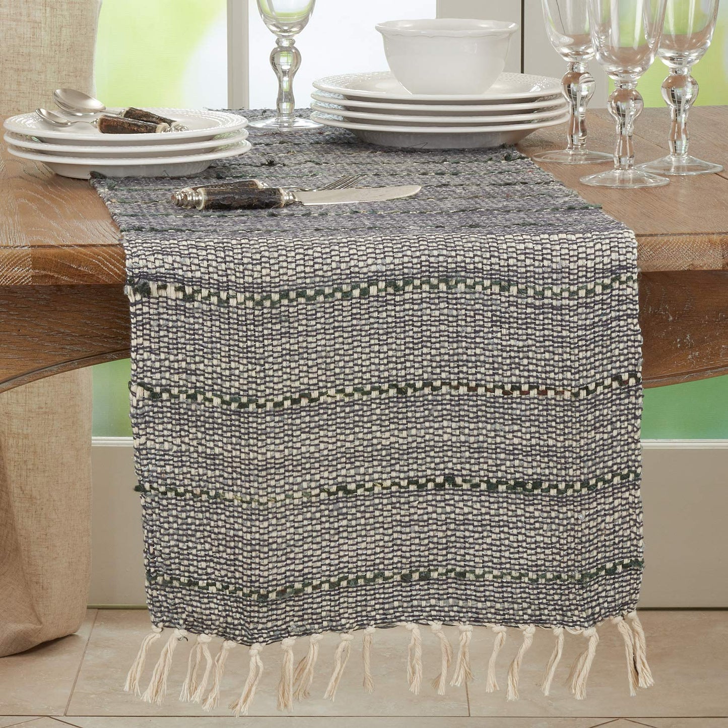 Fennco Styles Homey Striped Cotton Table Runner with Fringe 16" W x 72" L – Blue Table Cover for Home Décor, Dining Table, Banquets, Everyday Use and Special Events