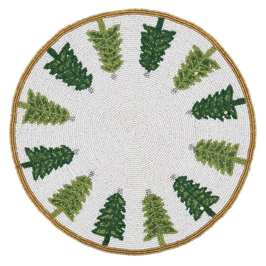 Fennco Style Hand Beaded Christmas Trees Holiday Placemat 15" Round, 1-Piece - Green & White Table Mat for Banquets, Christmas, Special Events and Home Décor