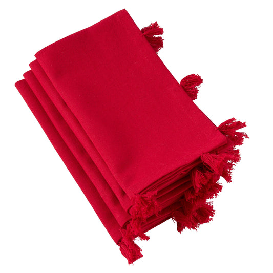 Fennco Styles Holiday Christmas Decorative 100% Cotton Napkins with Tassel - Set of 4 (Red)