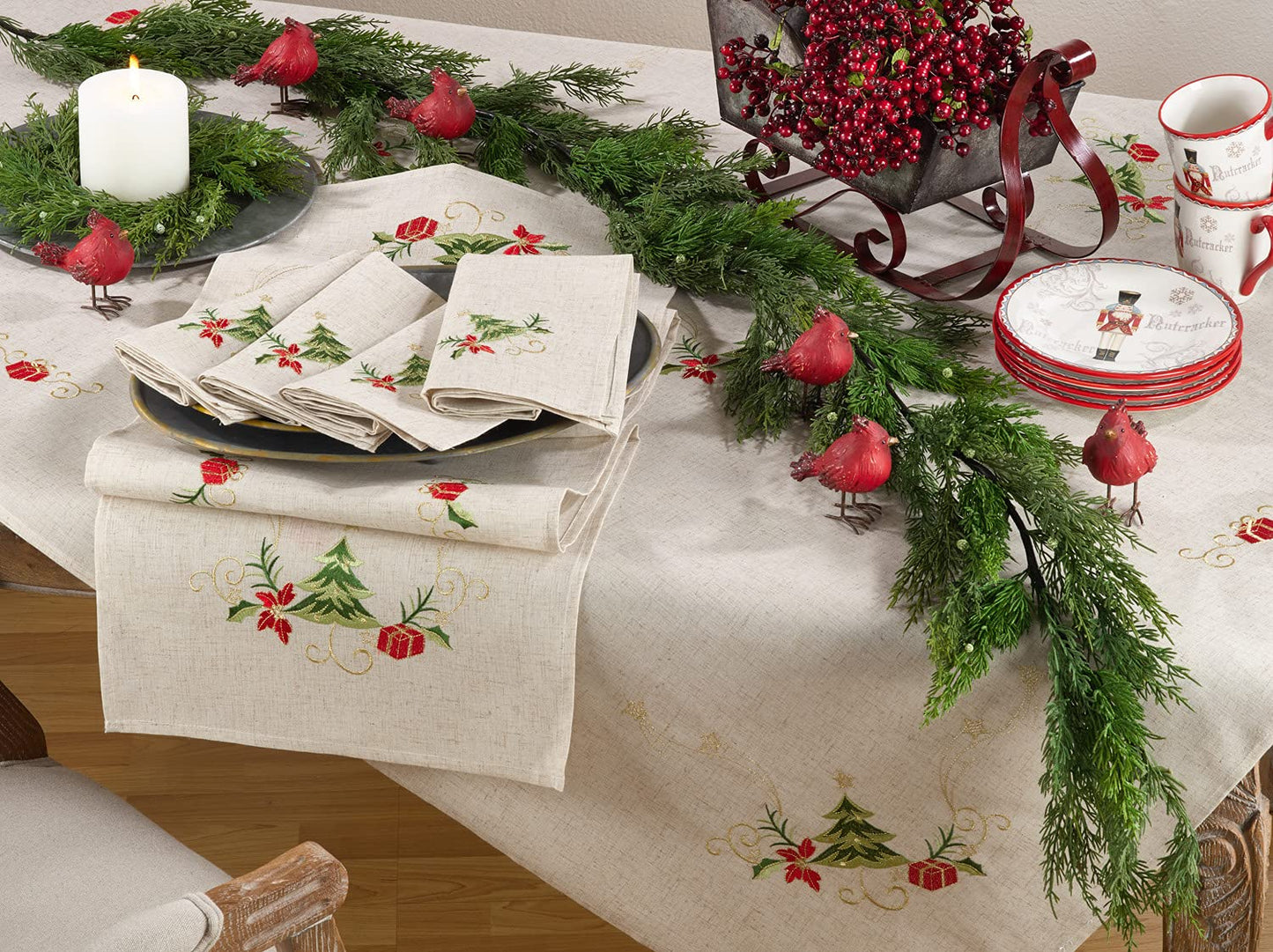 Fennco Styles Embroidered Christmas Tree Design Holiday Linen Blend Tablecloth