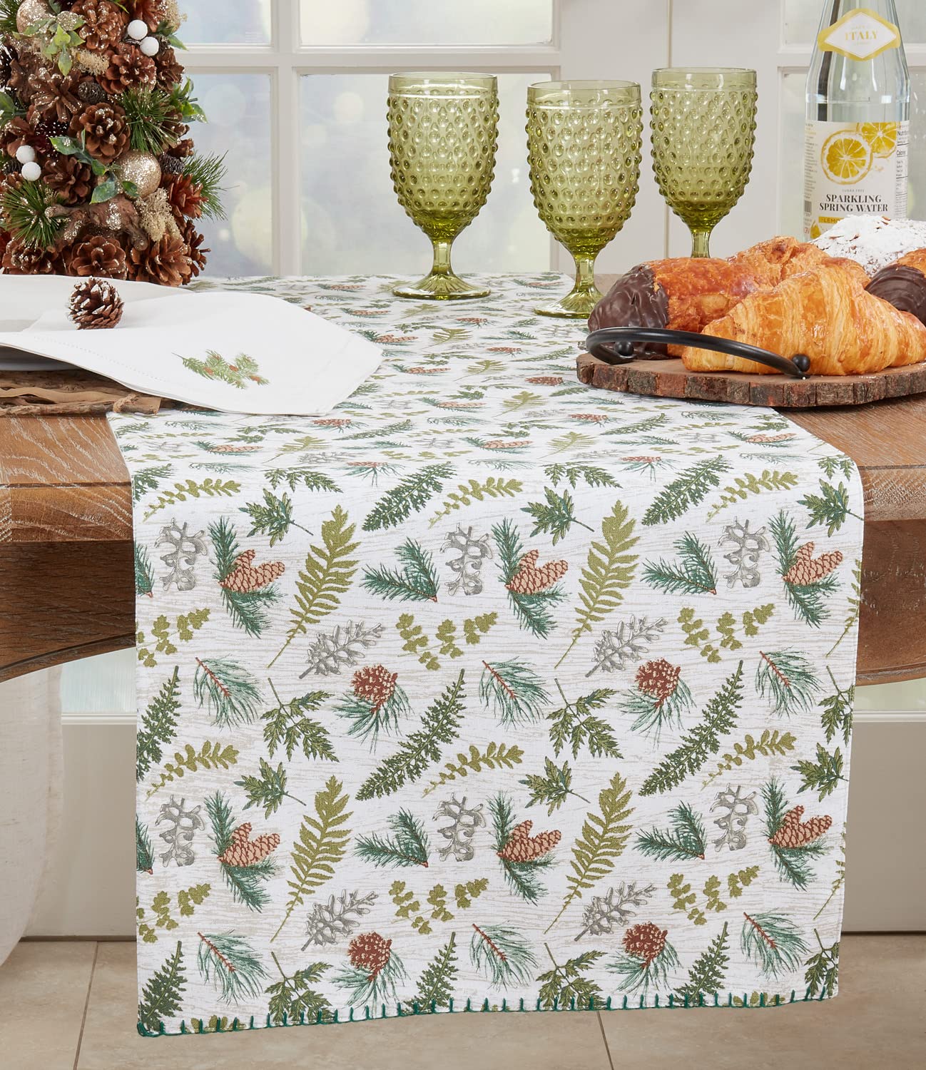 Fennco Styles Forest Foliage & Pine Design Cotton Table Runner 16" W x 72" L - Green Winter Holiday Table Cover for Dining Room, Christmas Décor, Banquets and Special Events