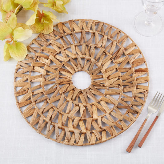Fennco Styles Woven Water Hyacinth Hollow Out Placemat 15" Round - Natural Table Mat for Home Décor, Dining Table, Banquets, Holiday and Special Occasion