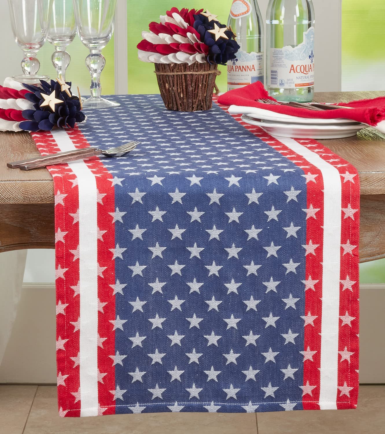 Fennco Styles Stripe Star Americana Cotton Table Runner 16" W x 72" L - Multicolored American Flag Inspired Table Cover for Home Décor, Dinner Parties, National Holidays