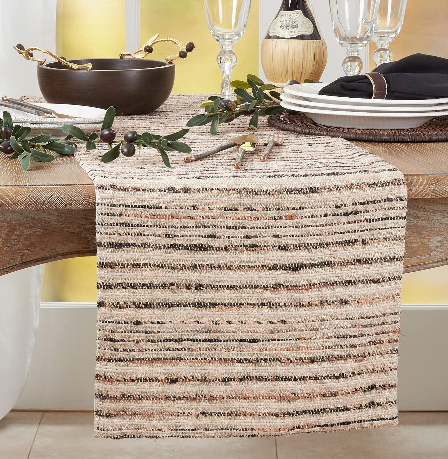 Fennco Styles Woven Striped Table Runner 16" W x 72" L - Brown Table Cover for Home Décor, Dining Table, Banquets, Family Gathering and Special Events