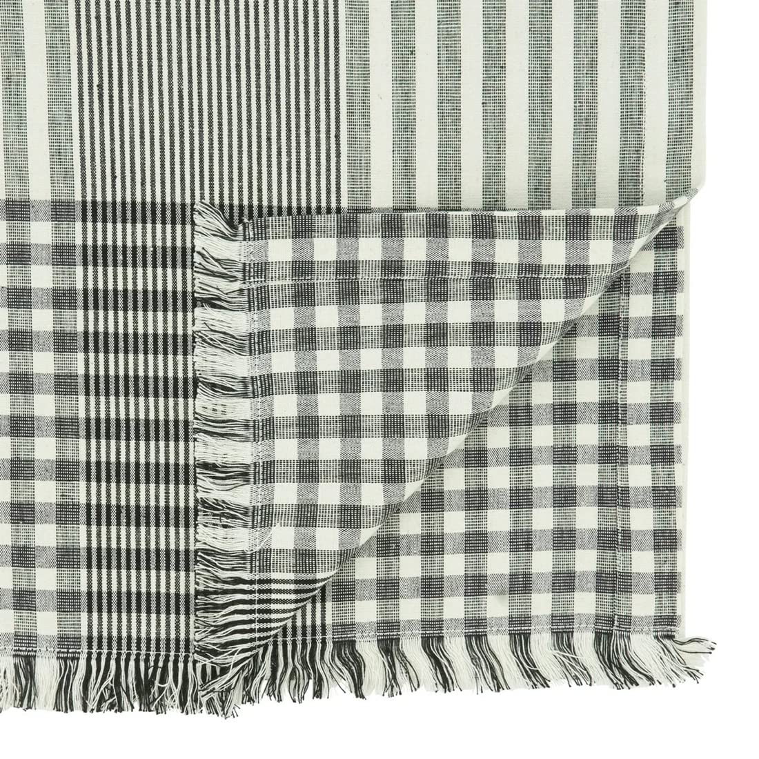 Fennco Styles Stripe Design Cotton Table Runner 16" W x 72" L - Black & White Woven Fringed Table Cover for Home Décor, Dining Table, Banquet, Family Gathering and Special Occasion