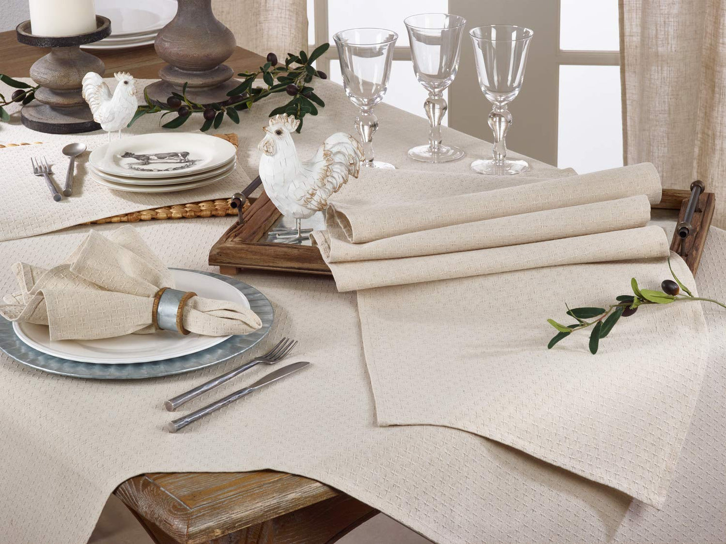 Fennco Styles Classic Chenille Jacquard Table Linen Collections, Home Decor, Everyday Use, Natural