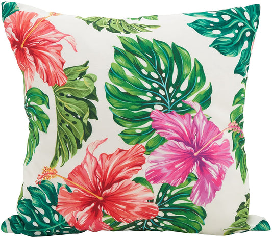 Fennco Styles Monstera Hibiscus Poly Filled Decorative Throw Pillow18 W x 18" L - Multicolored Tropical Cushion for Home, Indoor Outdoor, Living Room, Couch, Bedroom and Office Décor