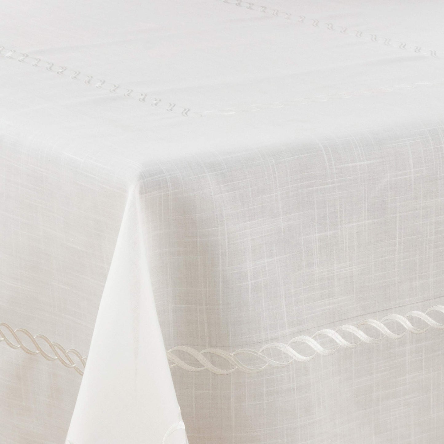 Fennco Styles Abigail Collection Embroidered Braid Pattern Ocean Waves Linen Blend Tablecloth