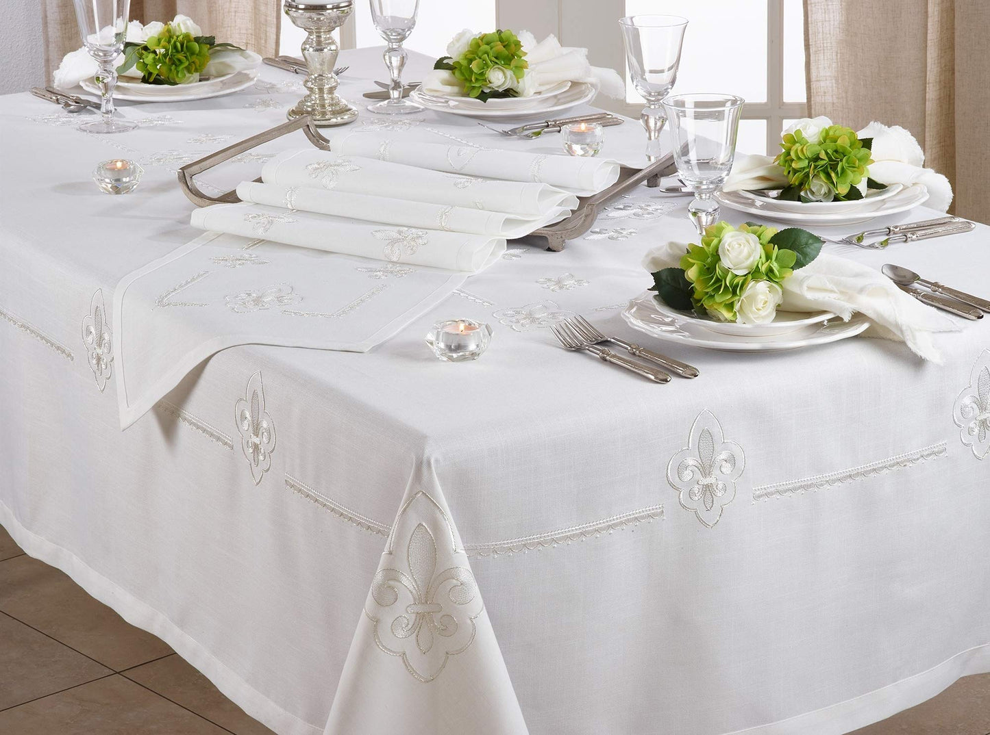 Fennco Styles Fabia Collection Elegant Embroidered Fleur de Lis Linen Table Linens – Table Linens for Dinner Party, Banquest, Special Events and Home Décor