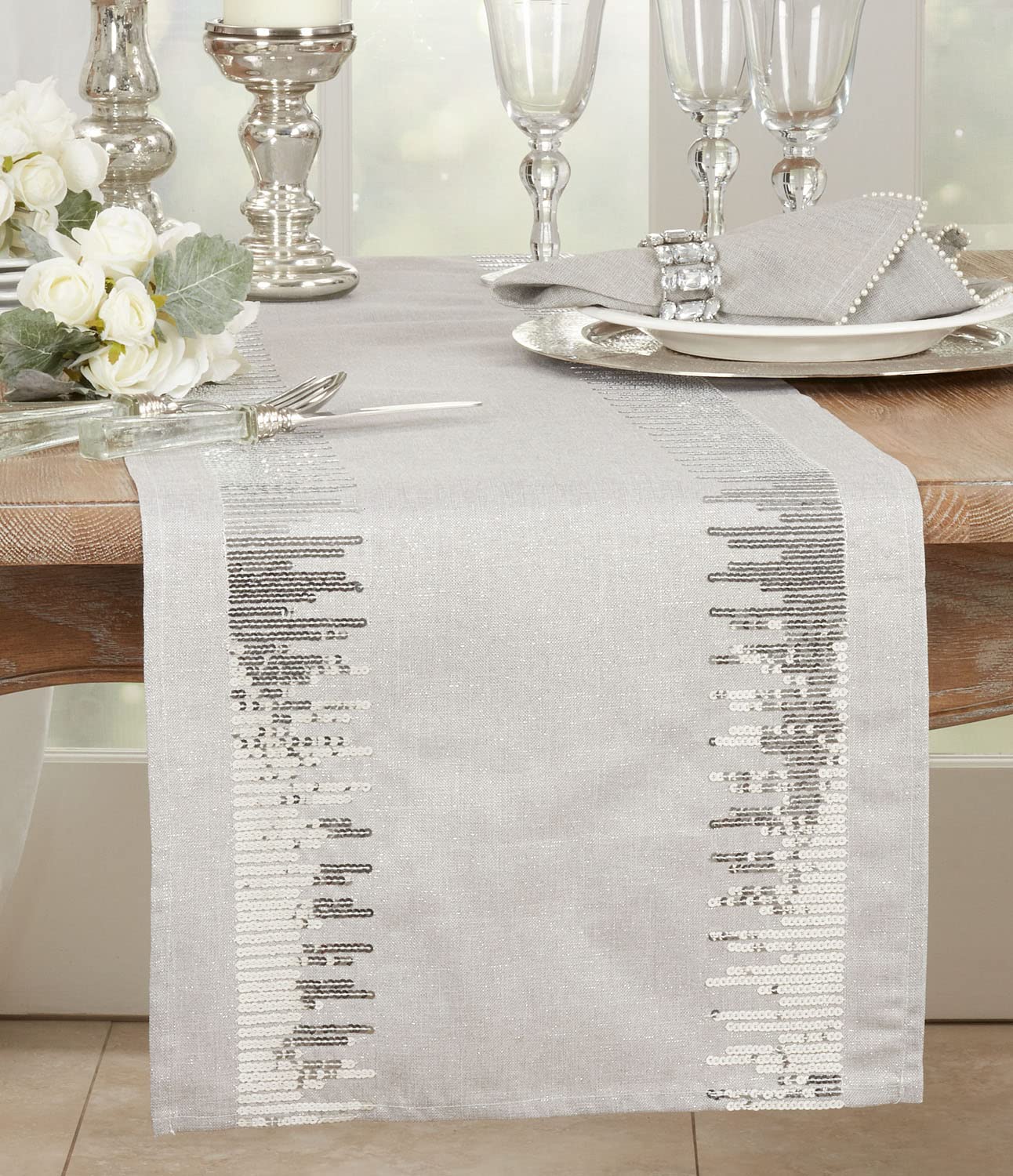 Fennco Styles Shimmering Sequin Border Table Runner 16" W x 72" L - Silver Table Cover for Home, Dining Room, Banquets, Family Gatherings, Everyday Use and Special Occasions