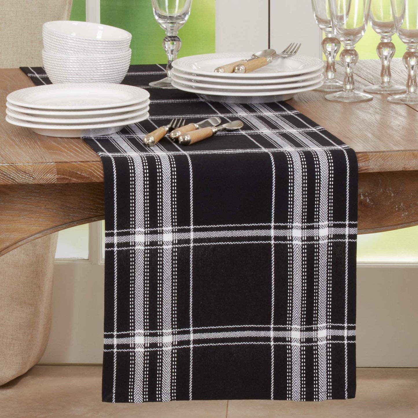 Fennco Style Classic Plaid Cotton Table Runner 16" W x 72" L - Black Table Cover for Home Décor, Everyday Use, Banquet, Family Gathering and Special Occasion