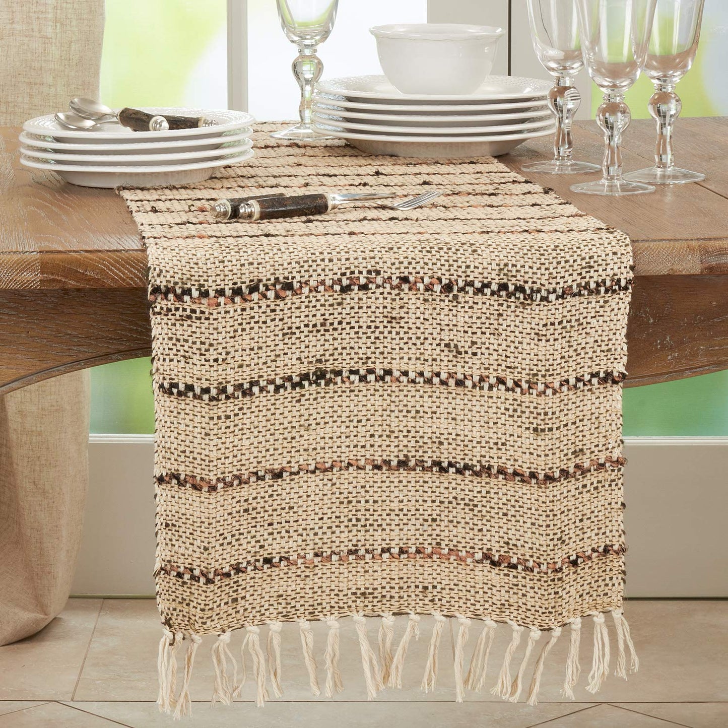 Fennco Styles Woven Striped with Fringe Cotton Table Runner 16" W x 72" L – Natural Rustic Table Cover for Home Décor, Dining Table, Banquets, Everyday Use and Special Events