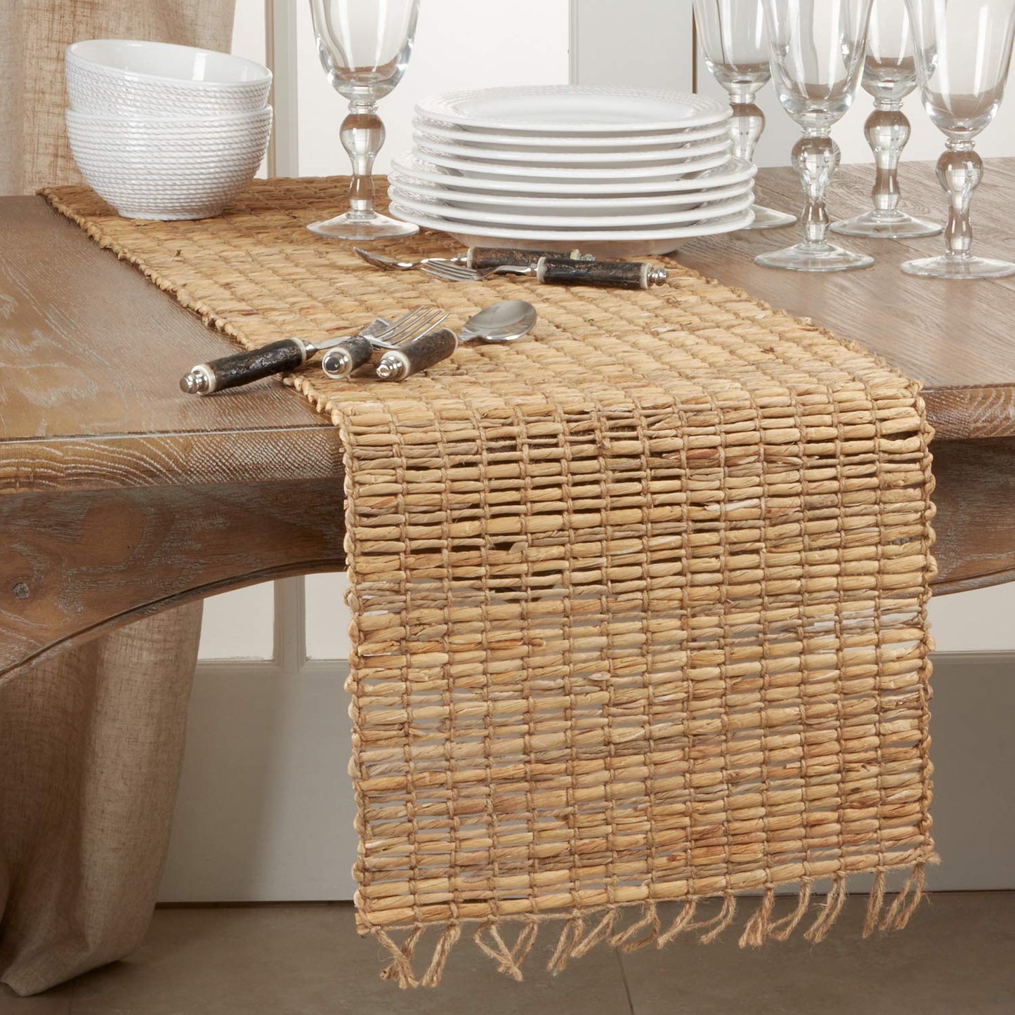 Fennco Styles Hand Woven Water Hyacinth Fringe Table Runner 14 x 72 Inch - Natural Chic Table Cover for Home, Dining Table Décor , Banquets and Special Events