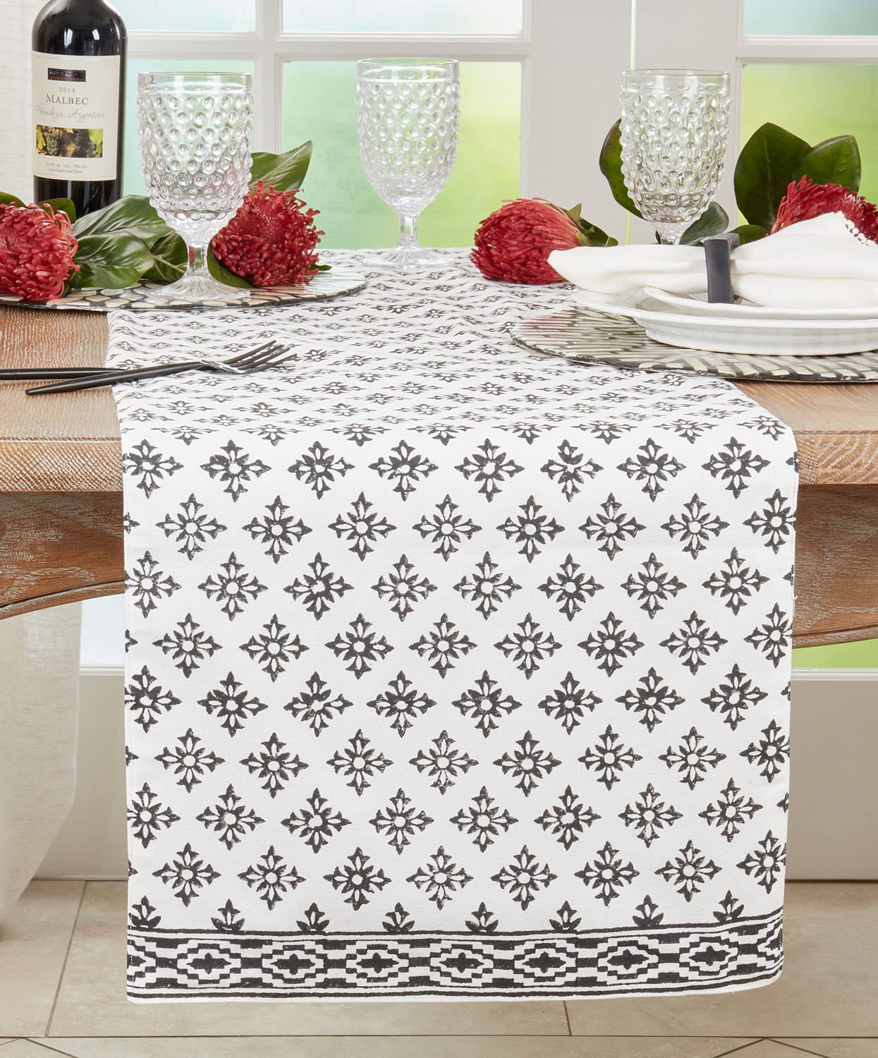 Fennco Styles Block Print Cotton Table Runner 16'W X 72" L - Black & White Table Cover for Everyday Use, Dining Table Décor, Banquets, Family Gathering and Special Events