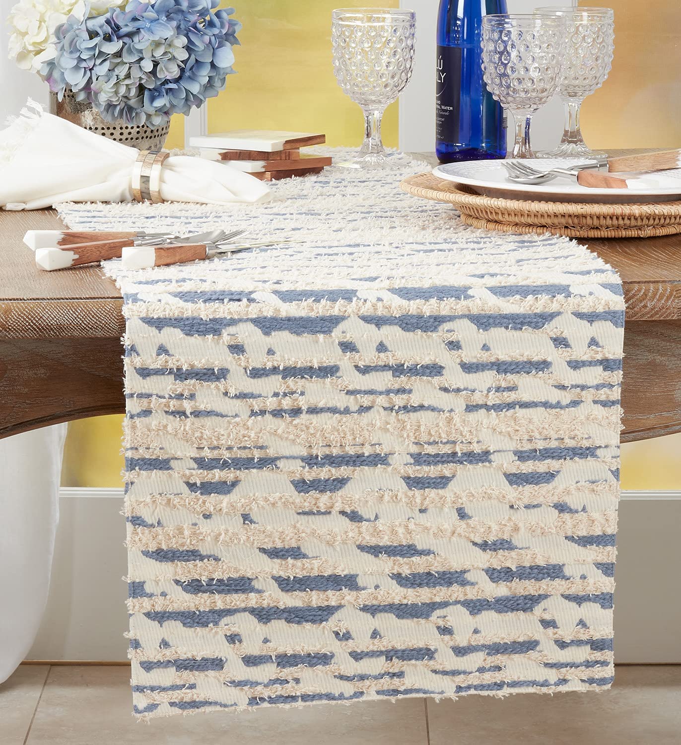 Fennco Styles Modern Textured Cotton Table Runner 16" W x 72" L - Blue Woven Table Cover for Boho Décor, Dining Table, Banquets, Family Gathering and Special Events