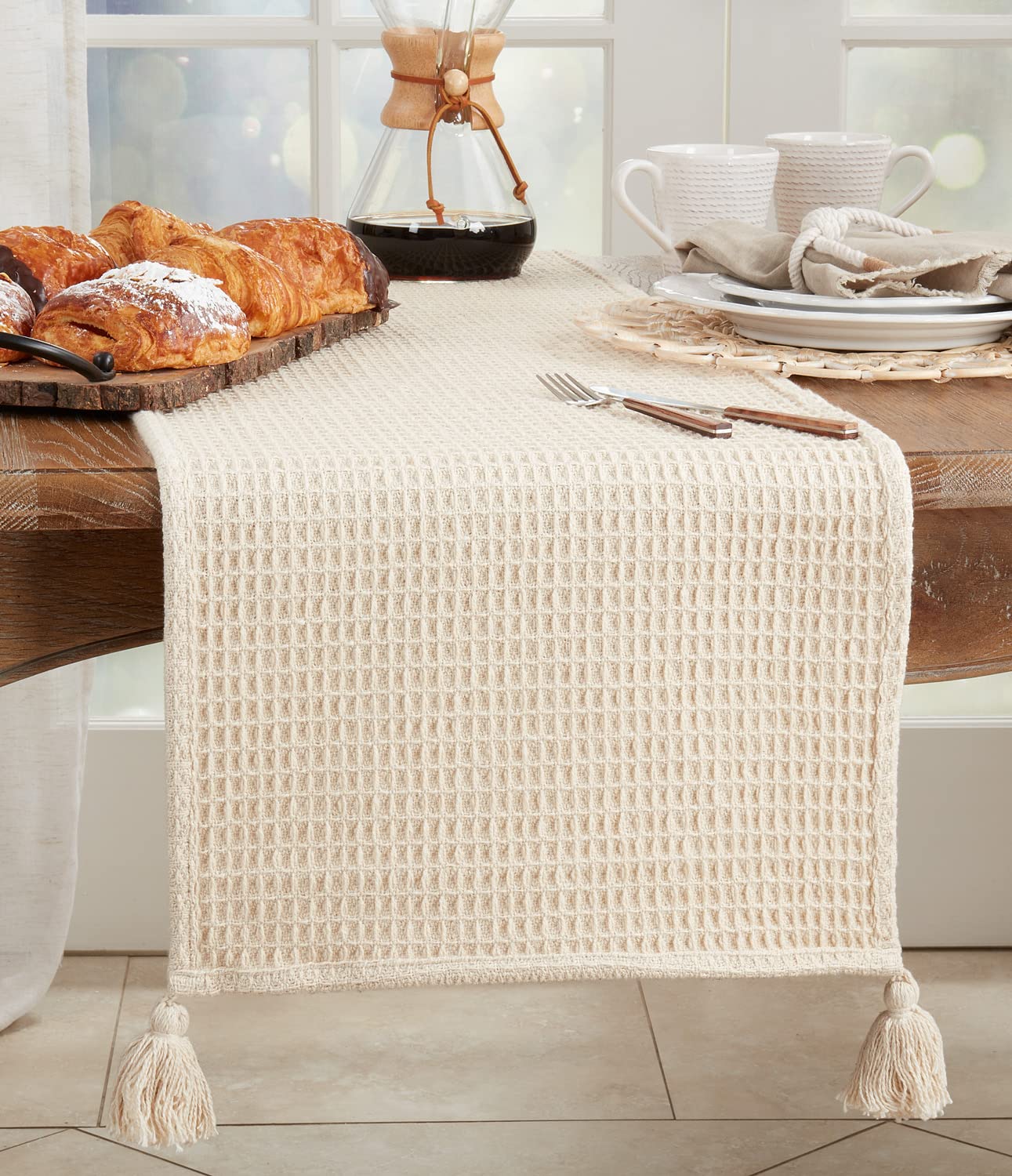 Fennco Styles Waffle Weave Tassel Cotton Table Runner 16”W x 72" L - Natural Woven Table Cover for Home Décor, Dining Table, Banquets, Holidays and Special Occasions