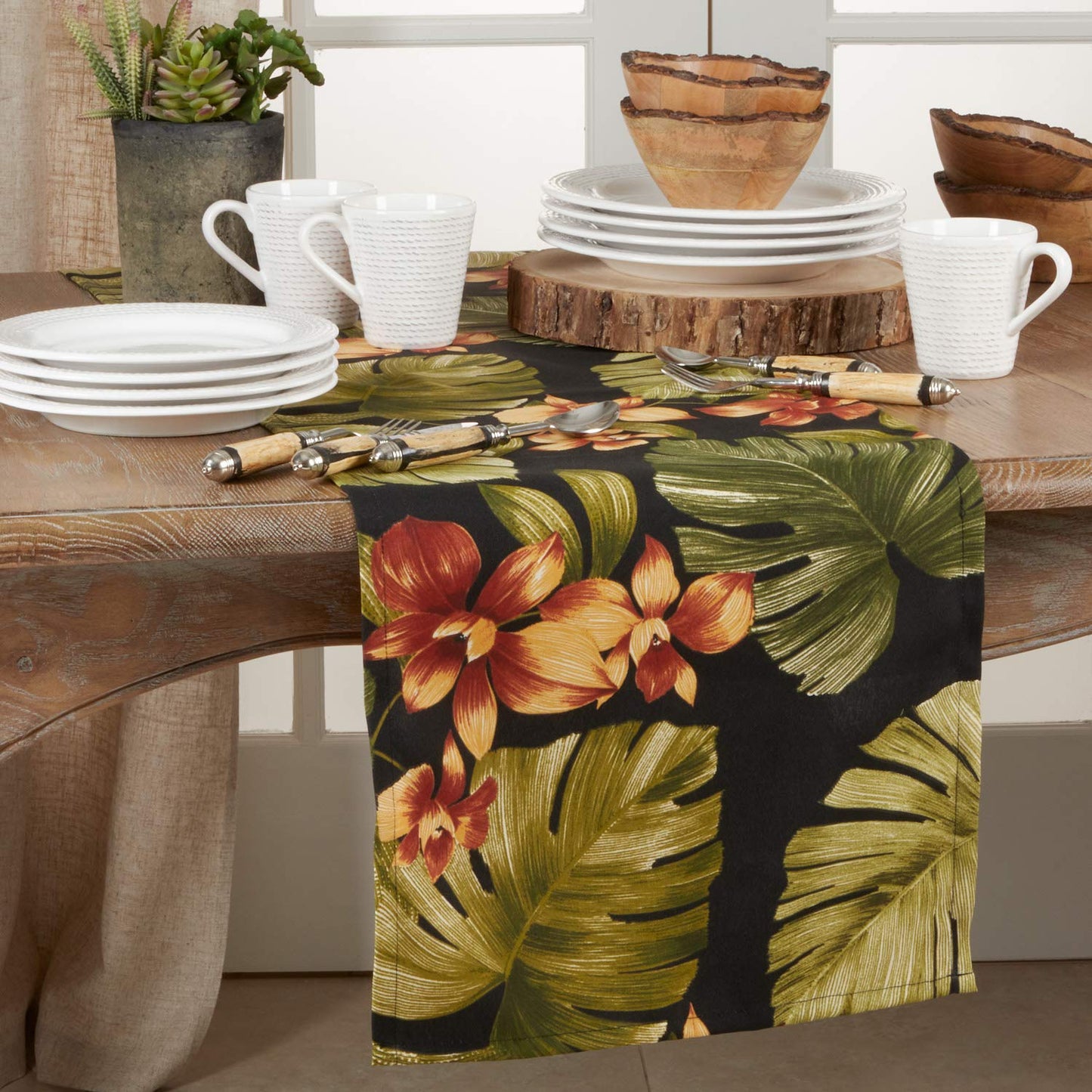 Fennco Styles Bold Tropical Palm Leaf Flower Design Table Runner 16 x 72 Inch - Black Table Cover for Home, Dining Room, Banquets, Spring Summer Event and Special Occasion