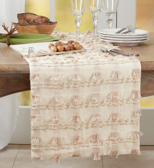 Fennco Styles Boho Fringe Striped Table Runner 16" W x 72" L – Natural Table Cover for Home, Dining Room, Banquets, Family Gathering and Special Occasion