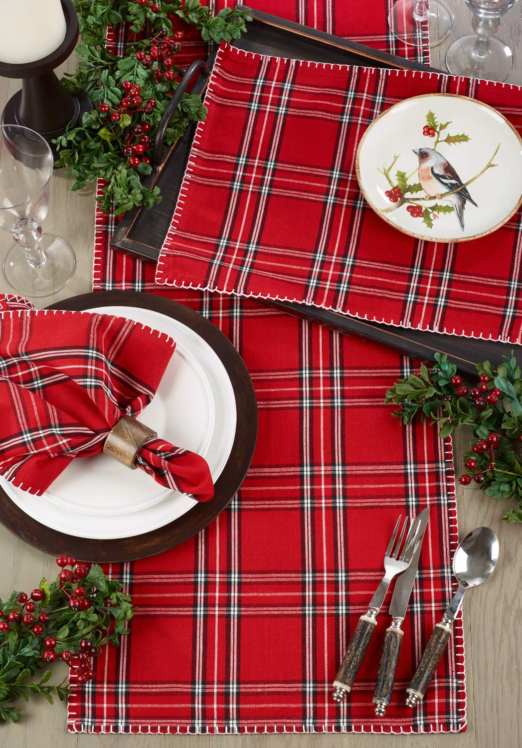 Fennco Styles Contemporary Plaid Whip Stitched Flange 100% Pure Cotton Table Linens – Red Table Linens for Christmas Banquets, Family Gathering, Special Events and Home Décor